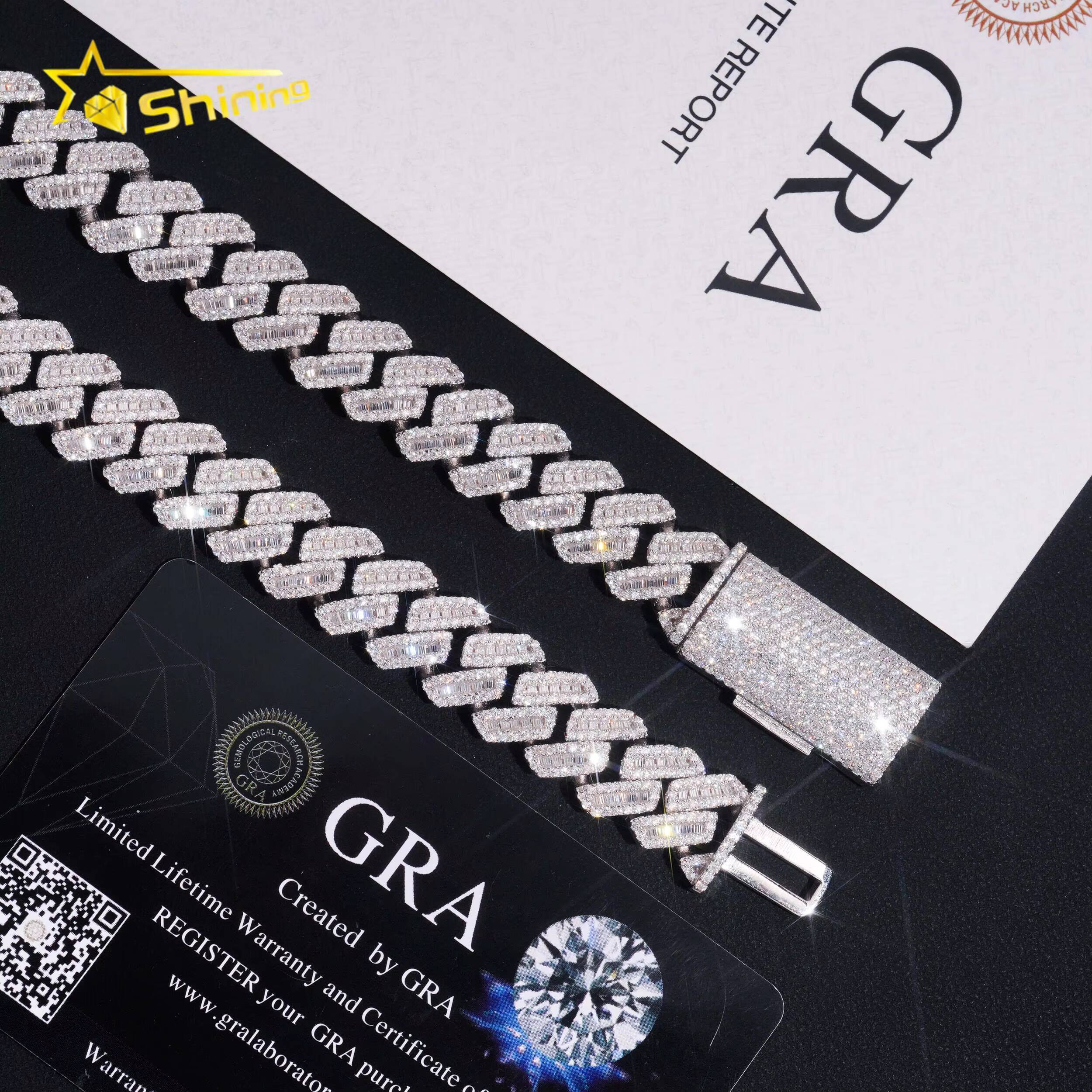2025High Quality 12mm Solid 925 Sterling Silver Men Hip Hop Jewelry Iced Out Baguette VVS Moissanite Cuban Link Chain Necklaces