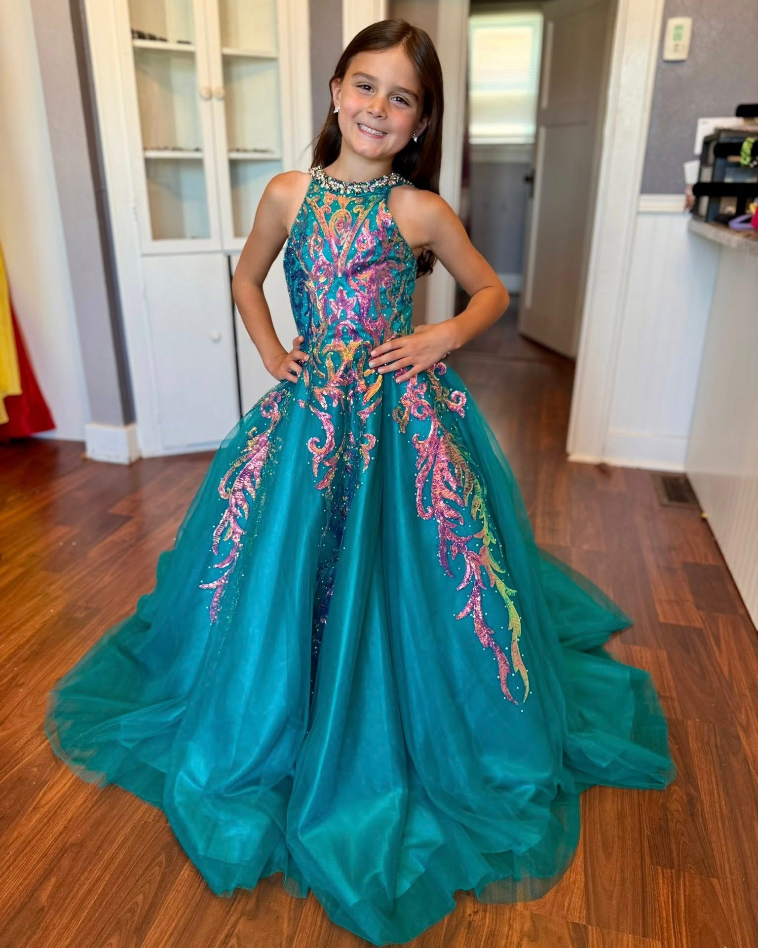 Magenta Robe de concours de beauté pour fille préadolescente - Col licou - Paillettes - Pour anniversaire d'enfant - Robe de soirée cocktail form