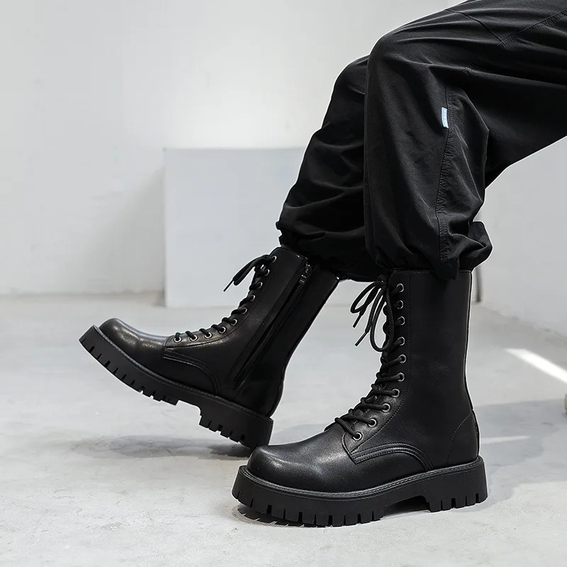 mens fashion motorcycle boots party nightclub dress black genuine leather shoes high top cowboy boot handsome long botas zapatos 250725
