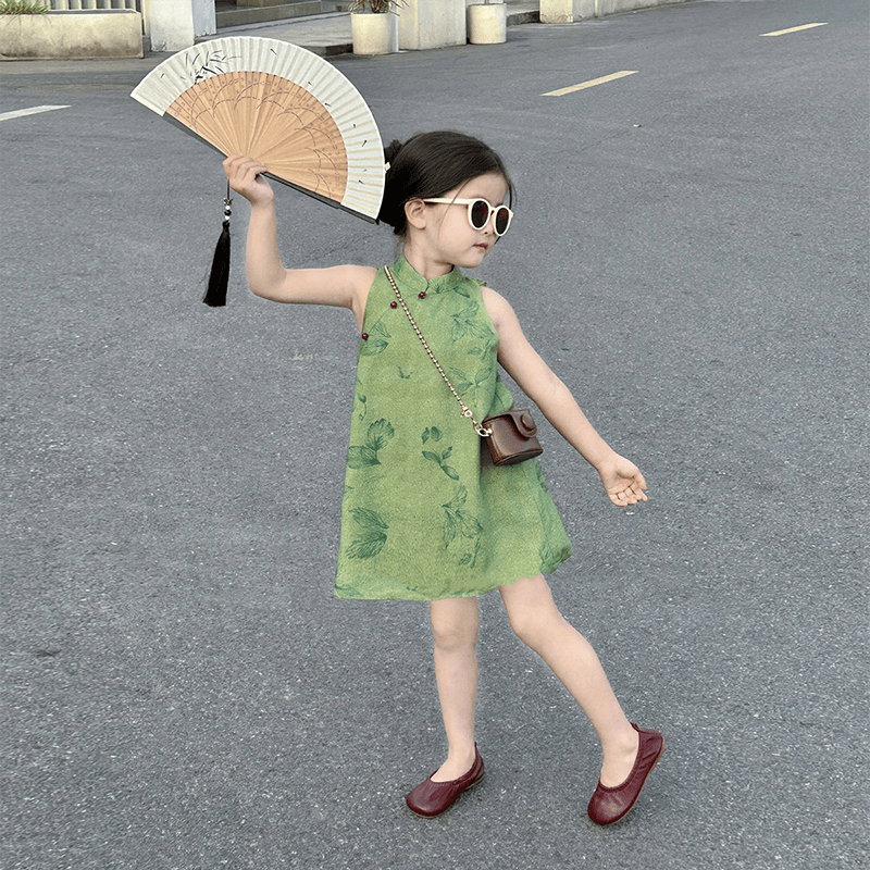 D34 Girls dress summer 2025 new style children&#039;s green cheongsam dress little girl&#039;s style lace skirt-image-1066562510