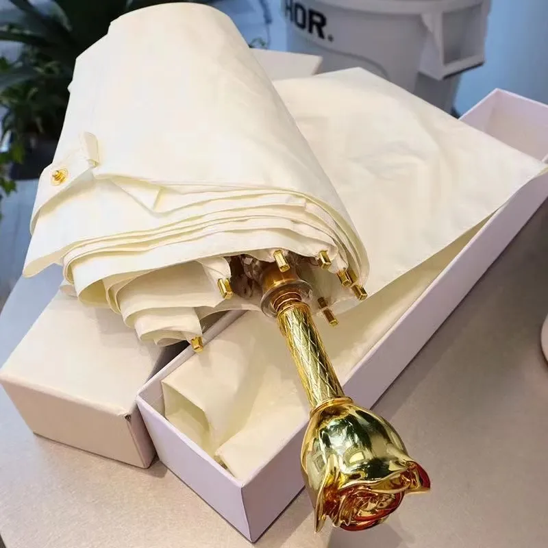 Fashion Designer Umbrellas Luxury Gold Rose Handle White Umbrella with Box M260302-image-1095985030