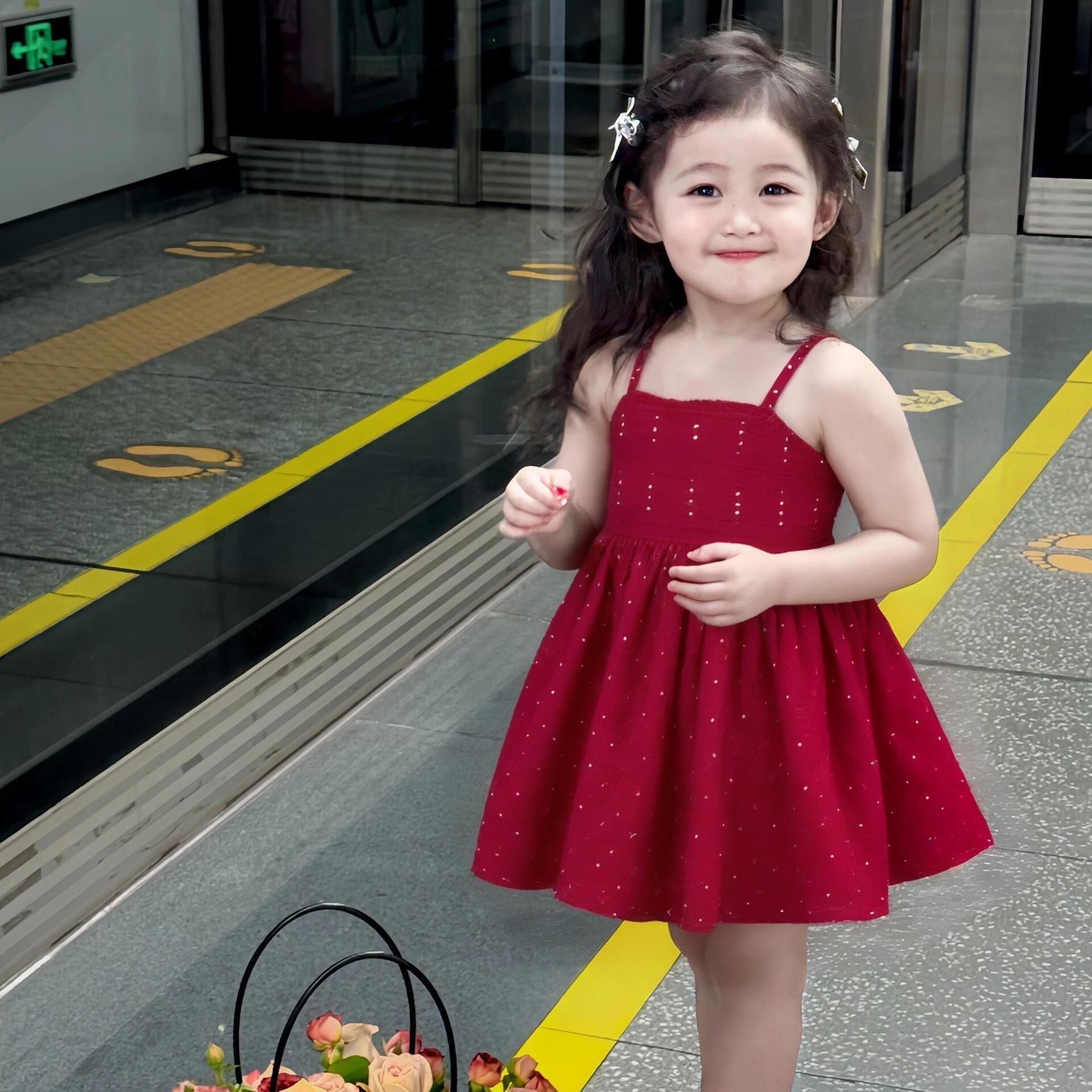 D36 Girls summer polka dot skirt children&#039;s clothing stylish dress children 2025 baby summer new red suspender skirt-image-1066734373