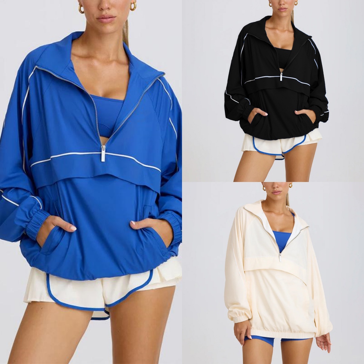 O928 Female 3D Logo Quick-Dry Loose Training Jacket Breathable Half-Zip Coat with Stand-Up Collar Women's Autumn Sportswear