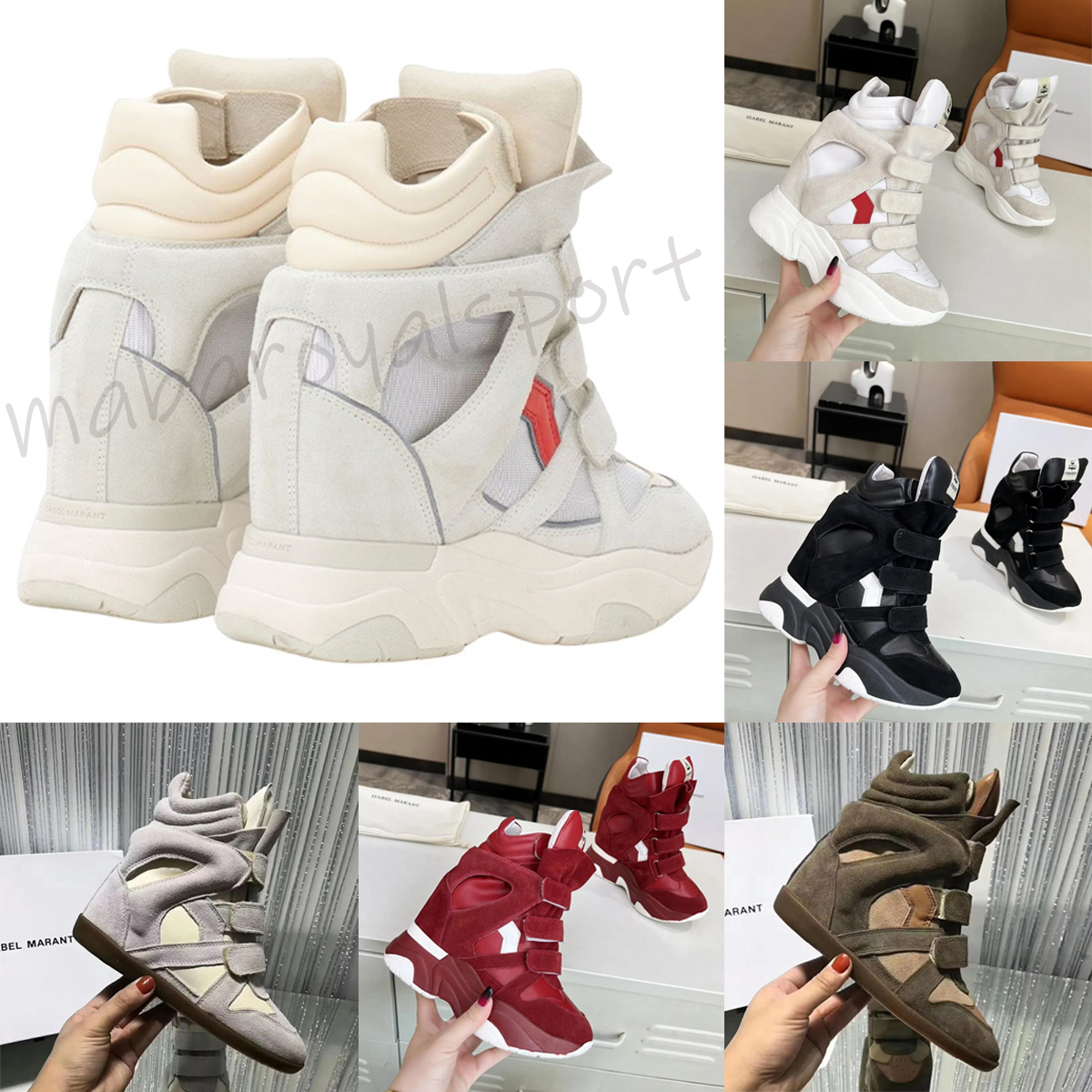 Designer Luxury High Top Sneakers Women Suede Leather Trim Hook Loop Boots Closure Chunky Wedge Sole Winter Fashion Shoes