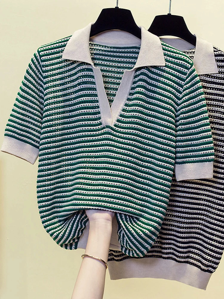 Womens Top Striped Sweater Spring Summer Tshirt Pure Wool Knitted Loose Thin Pullover Short Sleeve Hollow Trend 250715