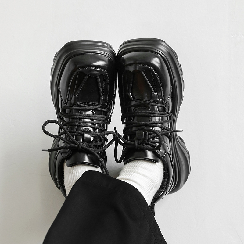Stylish Fashion Designer Men Solid Leather Shoes Business Luxury Lace Up Wedding Round Toe Thick Sole Rock Gothic Punk Shoes Casual Shoes