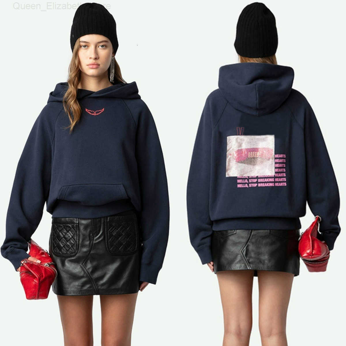 Zadiggtn Pull à capuche ample en coton pour femme Pull à capuche décontracté Hauts avec ailes chaudes Impression numérique à l'encre rose et blan