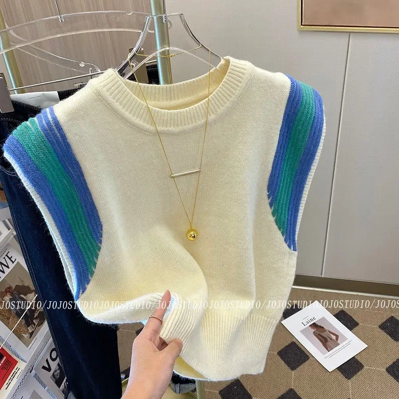 Summer Contrast Striped Knitted Vest Womens ONeck Pullover Sleeveless Sweater for Women Knitwear Crop Top Jumper 250715