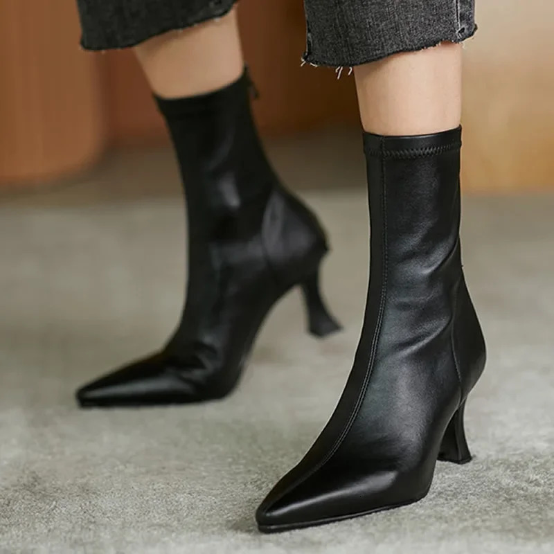 Winter Short Plush Ankle Boots for Women Fashion Sexy Pointed Toe Elastic Boots Famele Soft Leather Stiletto Heels Botines Mujer 250716