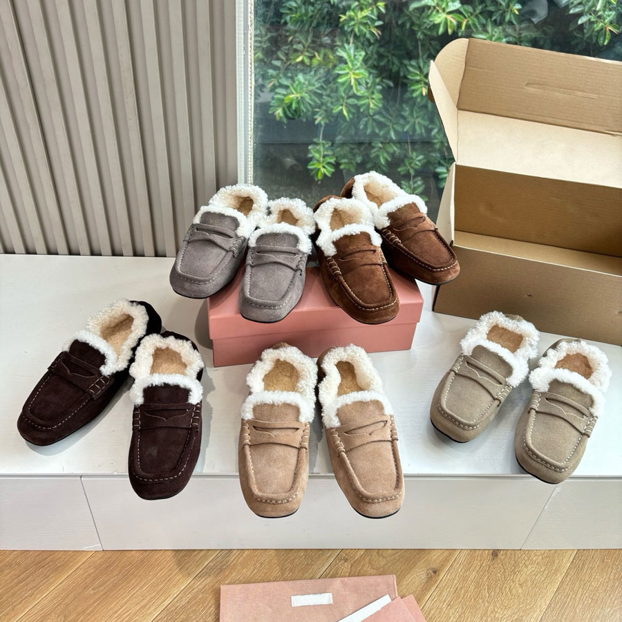 High quality suede fur furry fluffy Flat Dress Winter Wool Shearling slip on warm shoes Outdoor warm Luxury loafers designer woman shoe Walking Vaca
