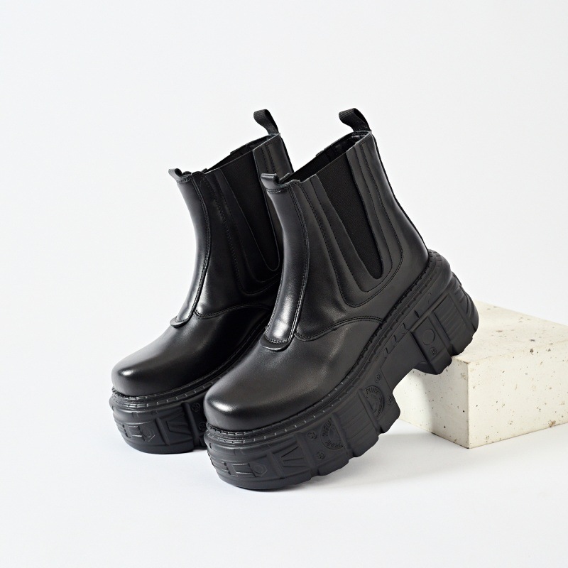 Stylish Fashion Gothic Punk Rock Metal Style Men Women Strap Flat Thick Sole Round Toe Height Chunky Comfort Party Design Black Shoes Casual Winter