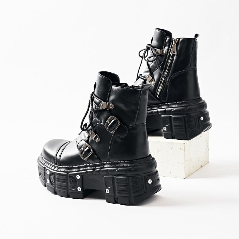 Fashion Gothic Punk Rock Men Women Flat Thick Sole Round Toe Height Chunky Comfort Party Design Black Shoes Casual Autumn Winter Short Boot Shoes Da