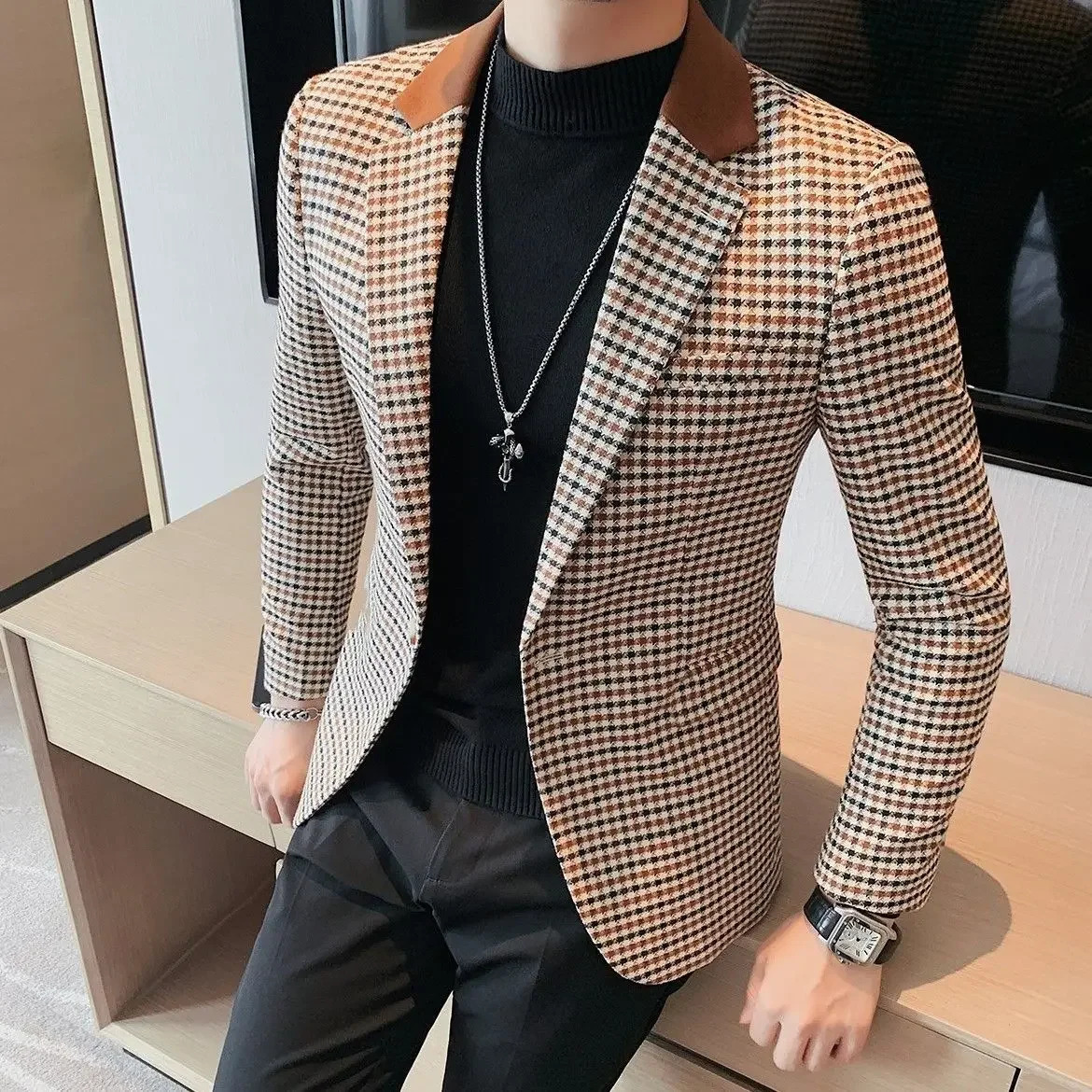 Coats Thin Slim Fit Man Business Suits and Blazers Plaid Spring Clothes Trendy Gentleman Casual In Dress Jacket for Men 250715