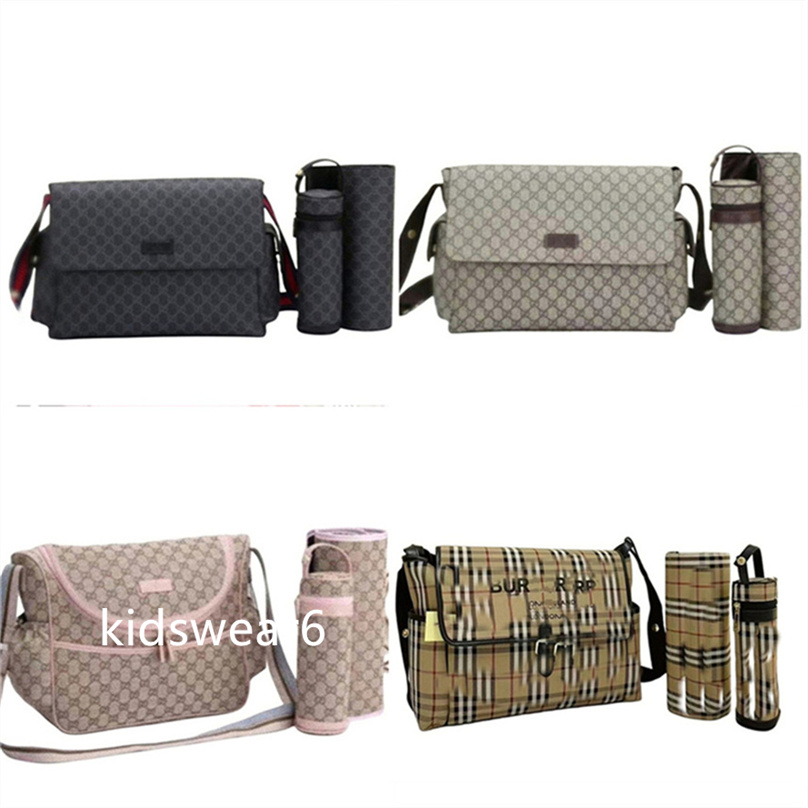 Sac à couches imperméable pour maman, ensemble de 3 sacs à couches pour bébé, fermeture éclair, imprimé à carreaux marron, G41