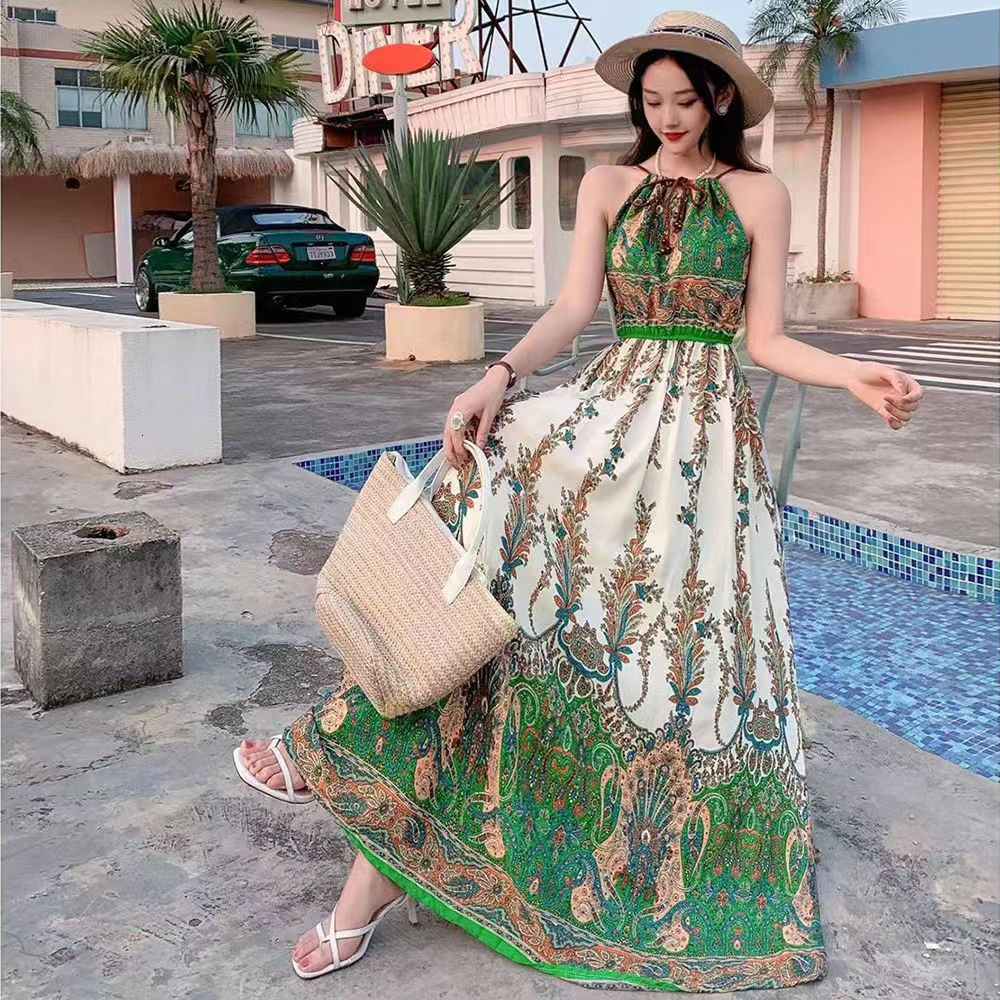 Cake à imprimé floral Robe de plage femmes élégants plaquettes Patchworks sans manches à dos midi sans arrière femelle Summer A-Line fête Robe 24