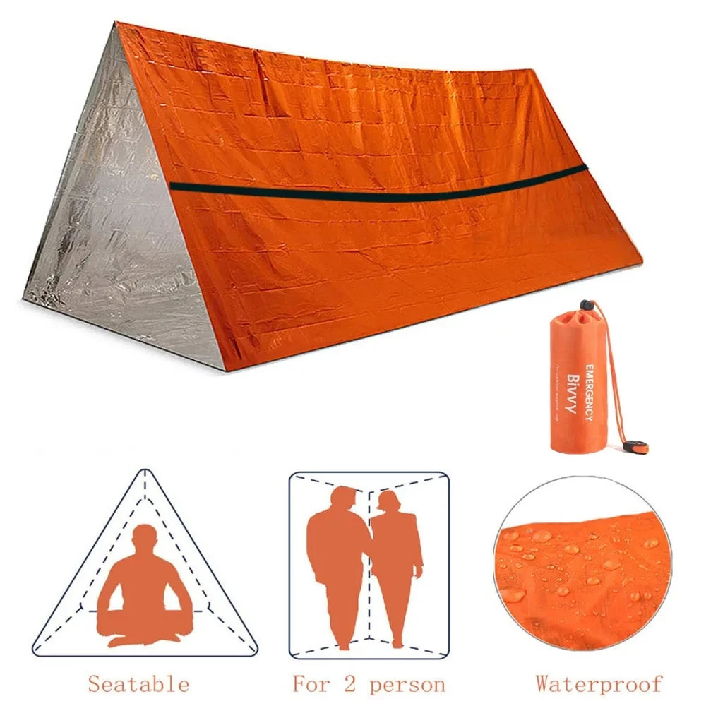 2 Person Emergency Shelter Bivy Survival Tent Kit Mylar Tube Tent Sleeping Bag Waterproof Outdoor SOS Thermal Blanket Reusable 250716