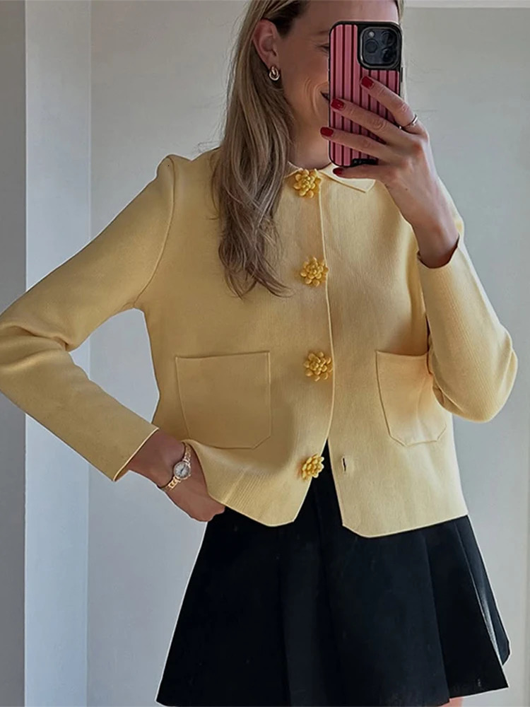 Flower Single Breasted Kntted Cardigans Women Loose Yellow Elegant Turn-down Collar Sweaters Spring Casual Top Lady Coat 250714BJ