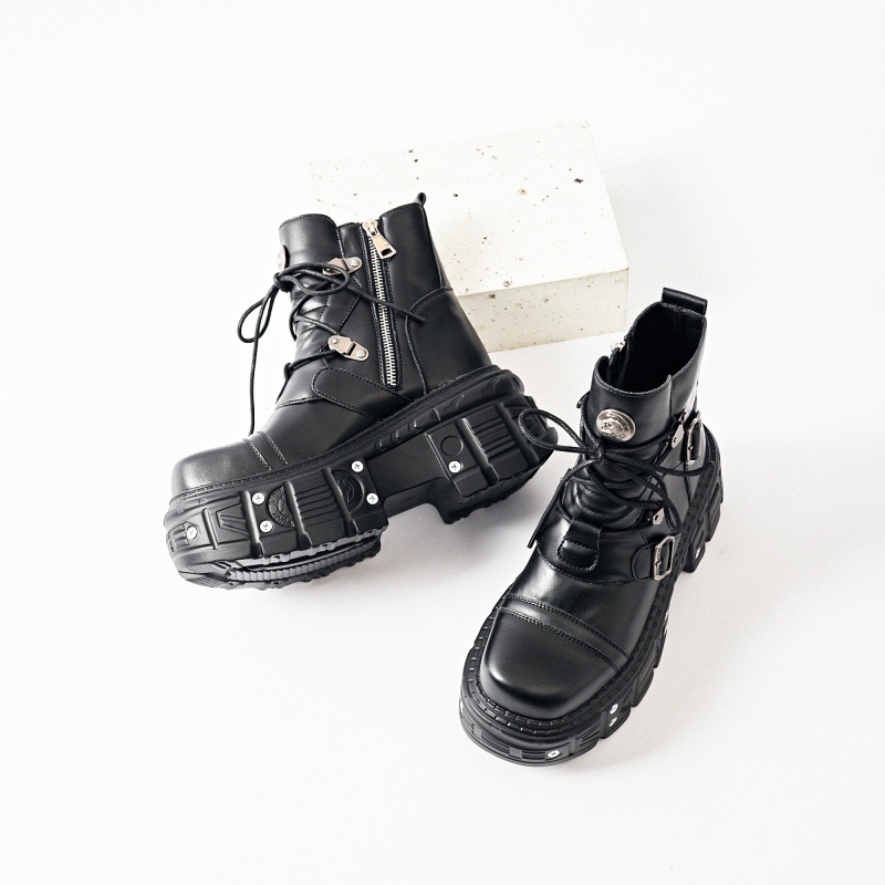 Fashion Gothic Punk Rock Rivet Men Women Lace Up Flat Thick Sole Round Toe Height Chunky Comfort Party Design Black Shoes Casual Autumn Winter Short