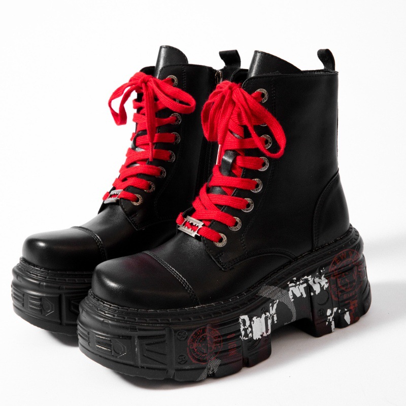 Fashion Gothic Punk Men Women Sneakers Flat Thick Sole Round Toe Height Rivet Chunky Comfort Party Design Black Shoes Casual Winter Short Boot Shoes