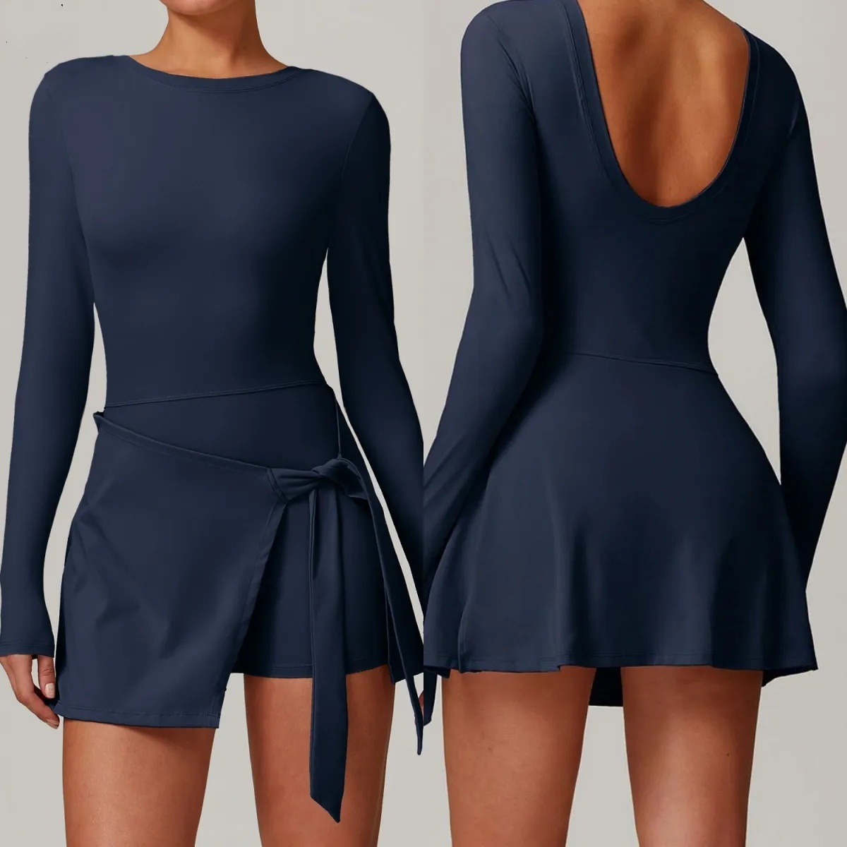 722O Female Yoga Dress Skin Tight Women's Sportswear Dress - Faux Two Layers, Sexy U-Back Design, Ideal for Tennis Players