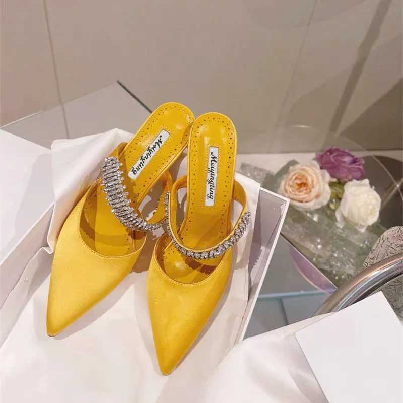 2022 Womens Pump Summer New Rhinestone Chain Slippers High H Stiletto Pointed Shallow Mouth Silk Sandals Outer Wear Y250716