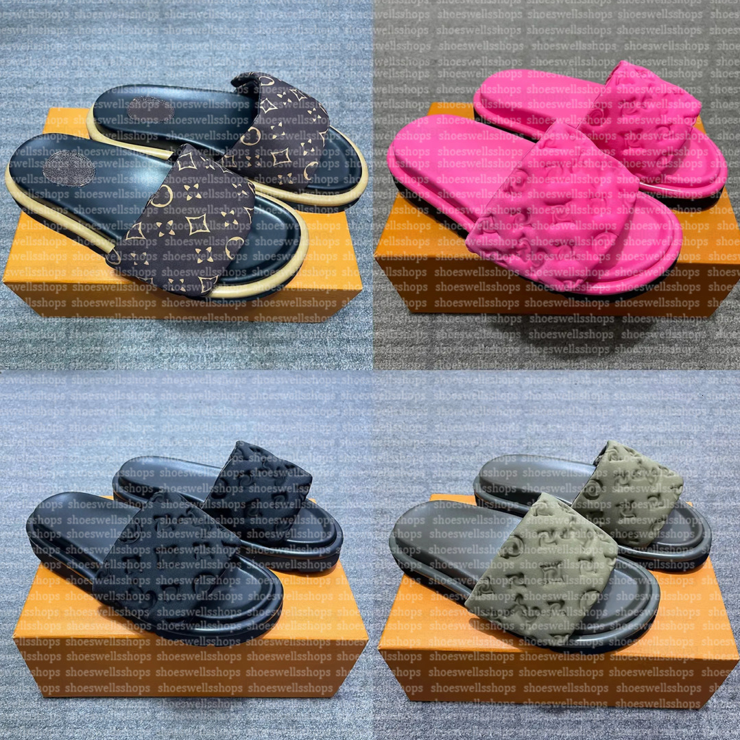 Designer Sliders Women Men Slides Pool Pillow slippers Flat Comfort Mules Slides Fashion Classic Prints Embossed Summer Sandals Black Grey Beach Sho