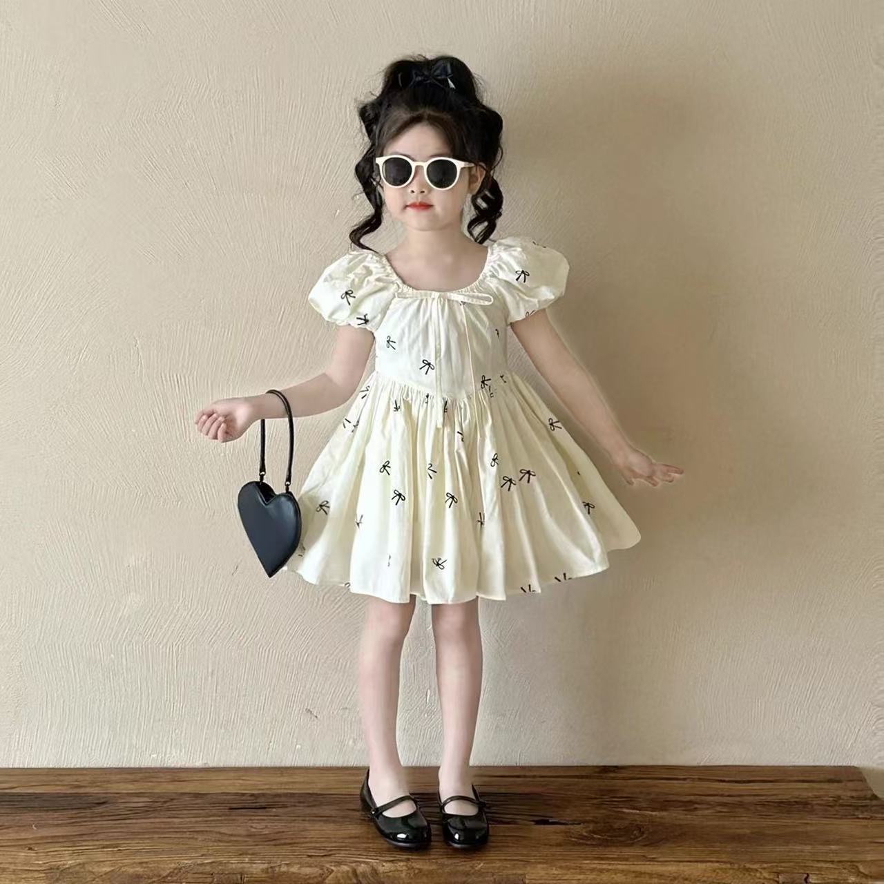 D50 Girls French puff sleeve dress 2025 summer new Korean version little girl bow print sweet dress-image-1067125749