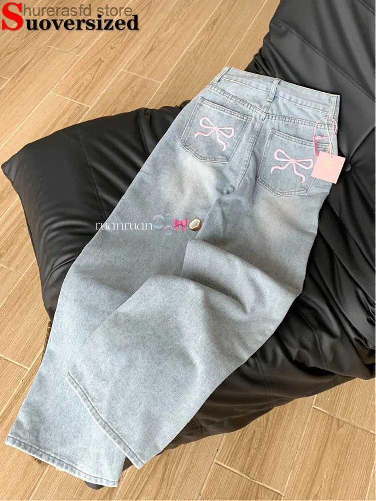 Womens Jeans Korean light blue high waisted wide leg jeans casual and fashionable bag pants embroidered design Vaqueros retro womens jeans H241130 S