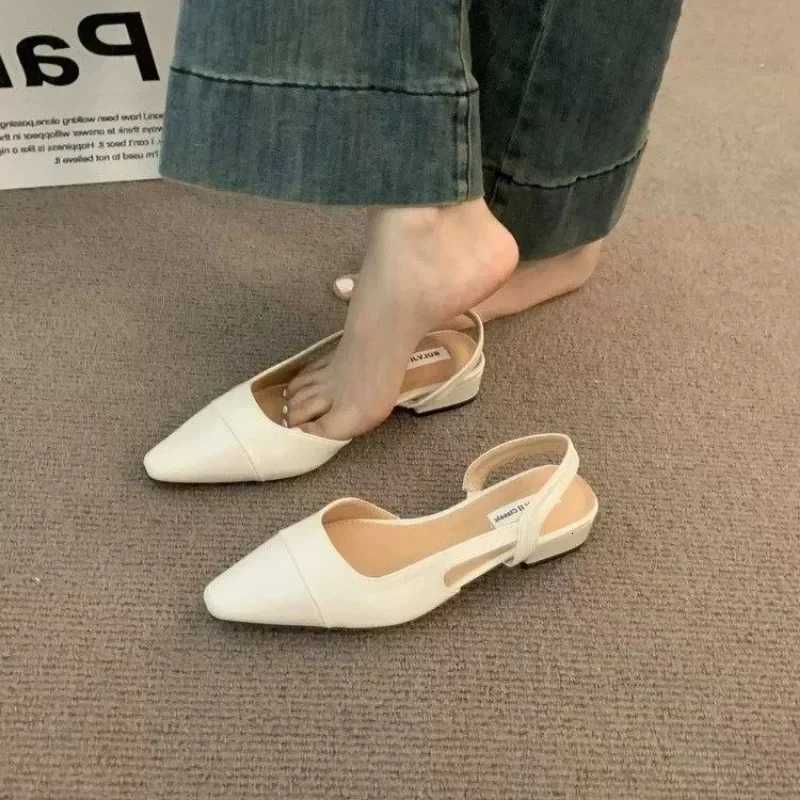 24Low Heel Baotou Sandals Womens French Nude Color Pointed Small Fragrant Ladies Thick H Back Air Style Single Shoes Y250716