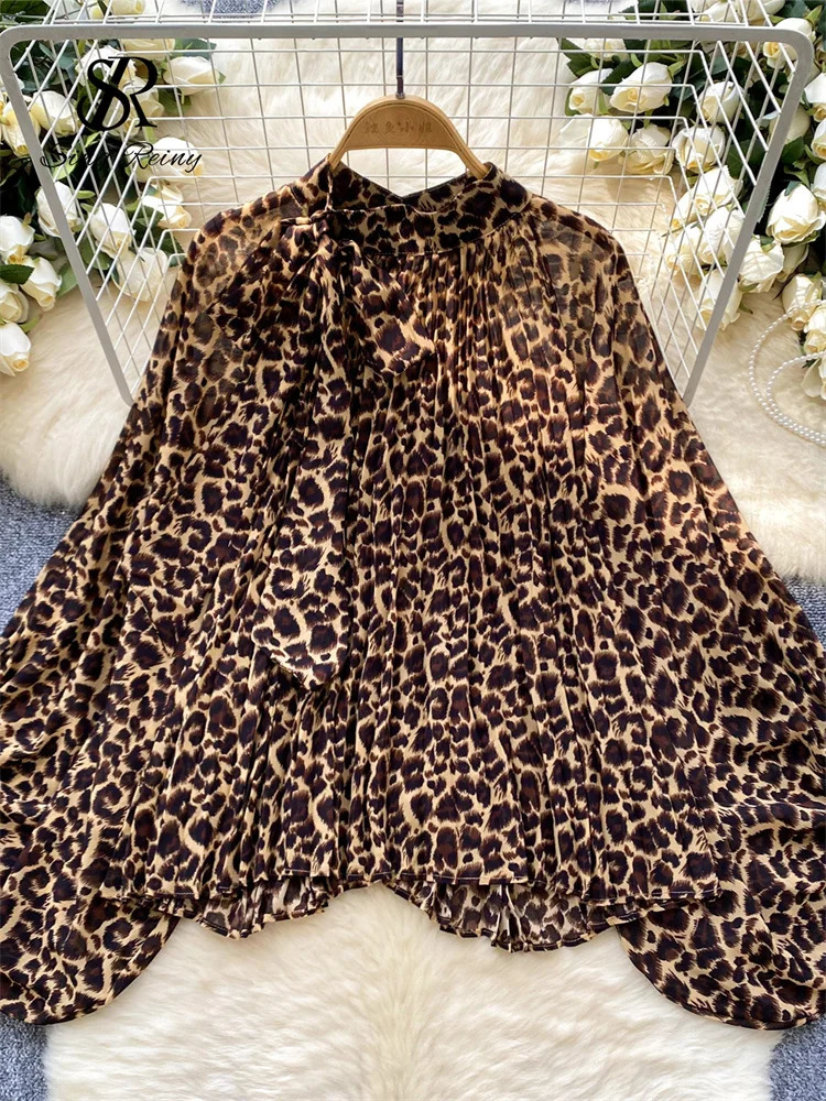 SINGREINY Autumn Leopard Print Blouse Women Bow Neck Long Sleeves Loose Top Korean Style Ins Polka Dot Chiffon Shirt 250715