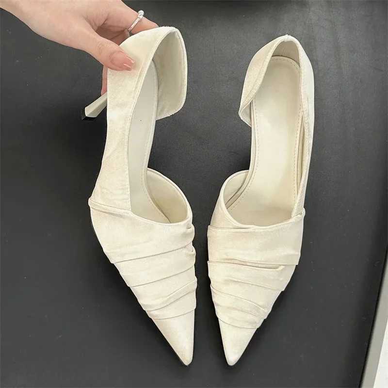 Aneikeh Elegant Satin Pleated Wen Slippers Pumps Pointed Toe Thin High Heels Dance Banquet Womens Shoes Y250716