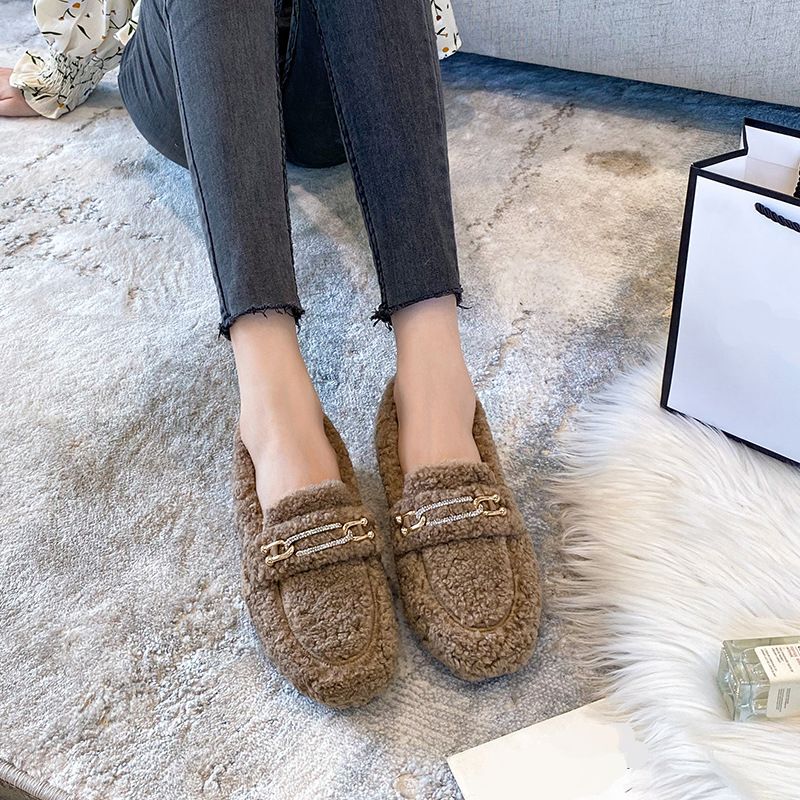 Fashion Lamb Fur Women Platform Round Toe Shoes Slip On Solid Plush Female Cork Winter Slides Shoes Woman Furry Mary Jane Soft Sole Casual Oversized