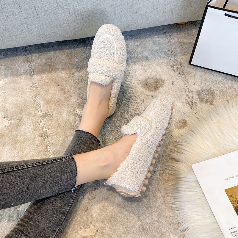 Fashion Lamb Fur Women Platform Round Toe Slip On Solid Plush Female Cork Winter Soft Light Warm Slides Woman Furry Shoes