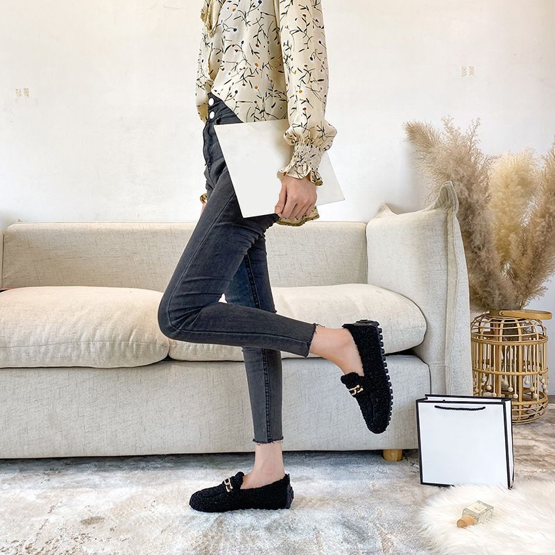 Fashion Lamb Fur Women Platform Round Toe Shoes Slip On Solid Plush Female Cork Winter Slides Shoes Woman Furry Mary Jane Soft Sole Casual Oversized