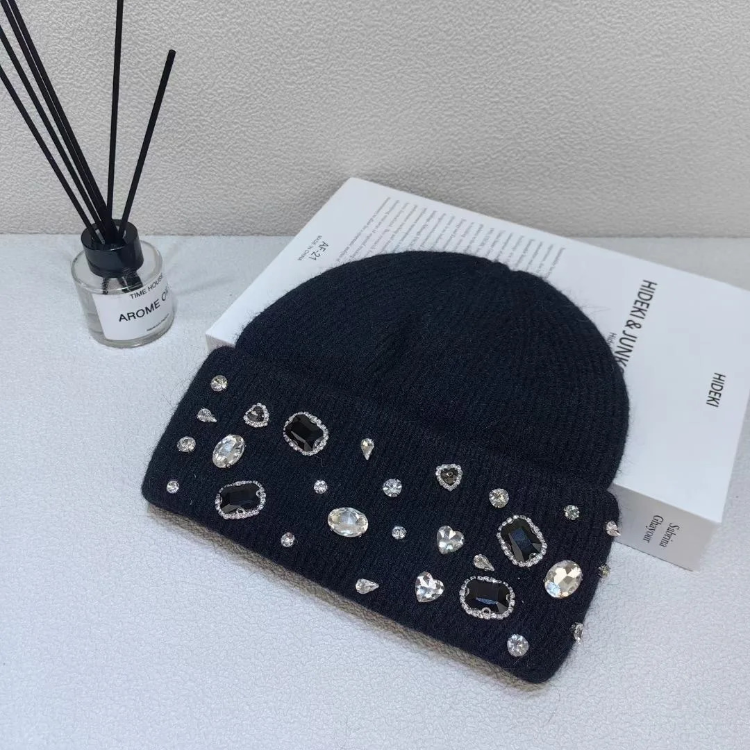 Beanie/Skull Caps Winter lady warm thick beanie cap 7colors fashion rhineston solid casual Knitted hat women Angora wool cap windproof Versatile