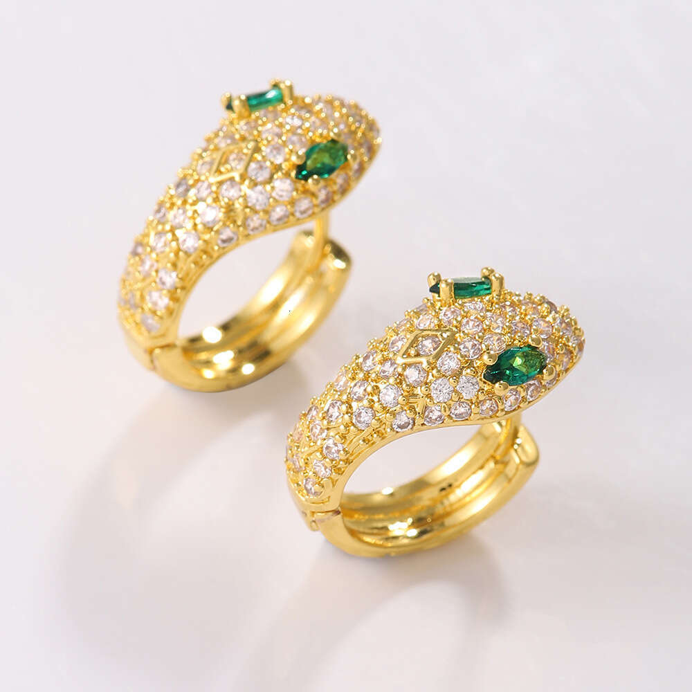 Boucles d'oreilles créoles style serpent en zircon vert doré en laiton/alliage de cuivre – Accessoires de charme micro-incrustés pour la mode mig