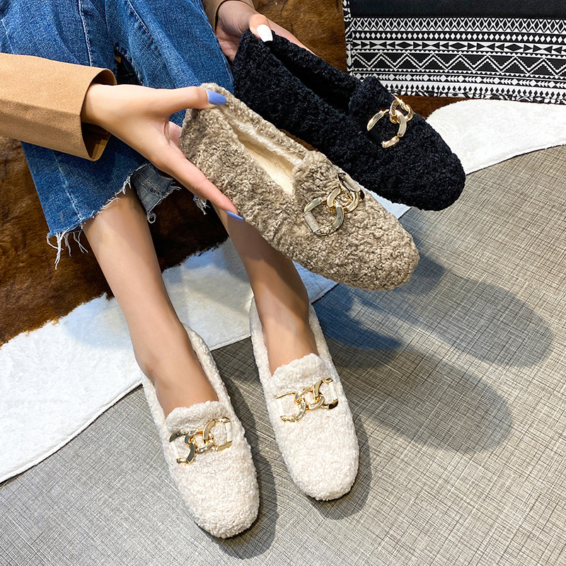 Fashion Lamb Fur Women Platform Buckle Decor Round Toe Slip On Solid Plush Female Cork Winter Slides Shoes Woman Furry Mary Jane Comfortable Casual