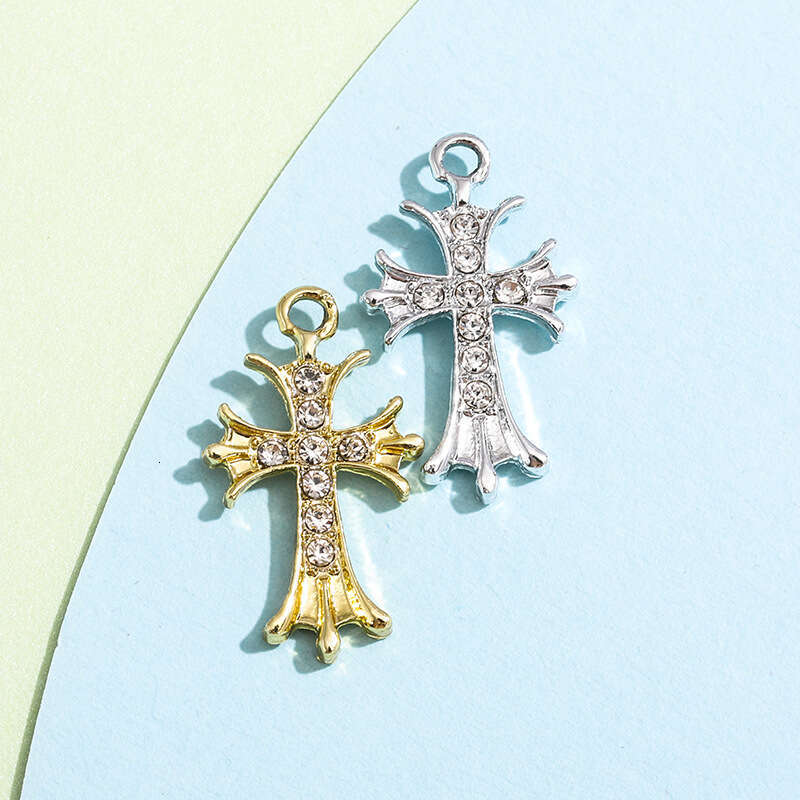 Minimalist Girls' Latin Cross Keychain Pendant Charm, Inlaid Alloy Jewelry Accessory - Antique Gold-Plated Finish with Silver Plating, Gold-Tone Tou