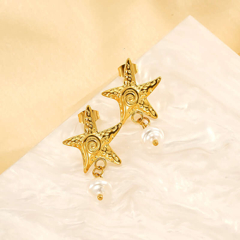 Children's Japanese-Korean Style Starfish Earrings, Five-Pointed Star Shell Ear Jewelry with Flag Charms, Stainless Steel and Copper, Silver-Plat