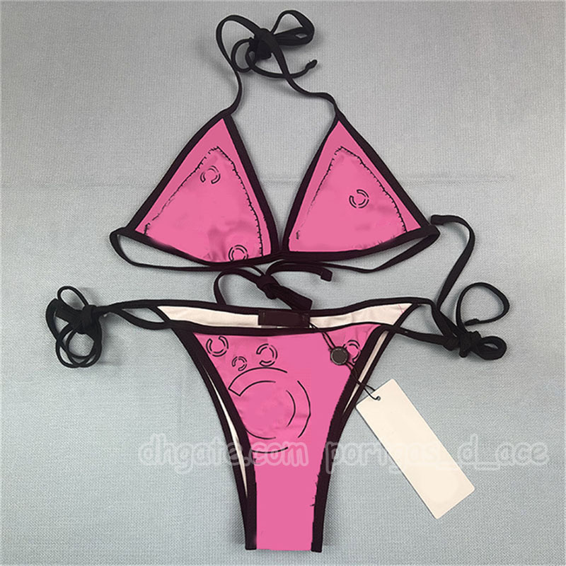 Triangle Halter Bikinis Swimwear For Women Luxury Letters Pink Split Swimsuit Designer Summer Vacation Beach Yacht Swimsuits-image-1026057610