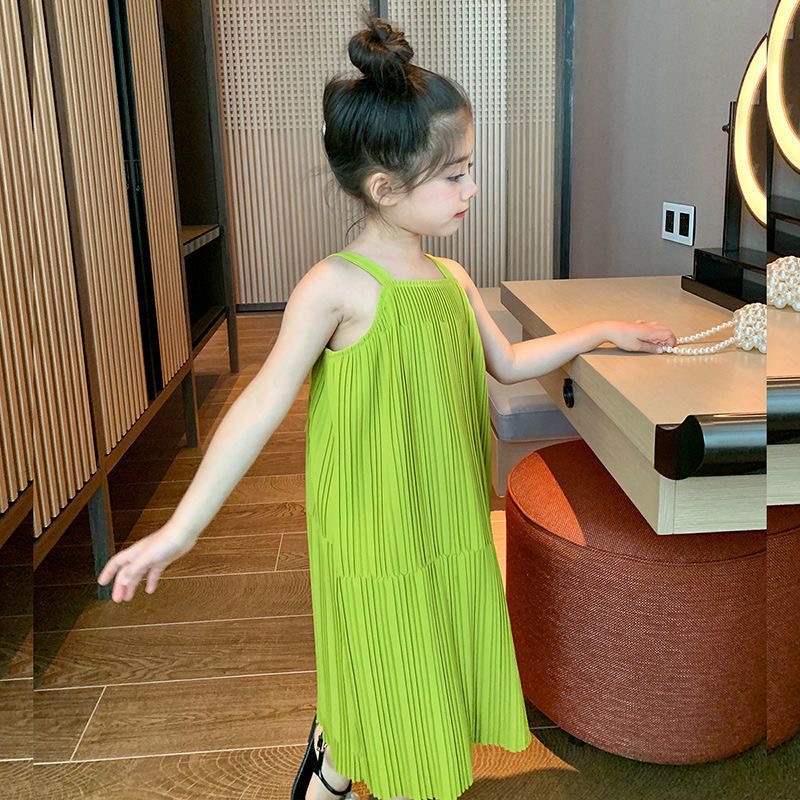 D58 Western-style girls pleated dress 2025 summer new vest long skirt sweet children&#039;s holiday style straight skirt-image-1067346401