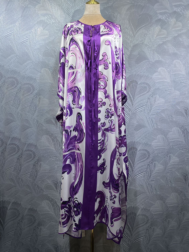 Robe Fashion Women Dress O-Neck Bandage Summer Silk Blending Printing Loose Long Vestidos Batwing Sleeve Runway Wearl Split