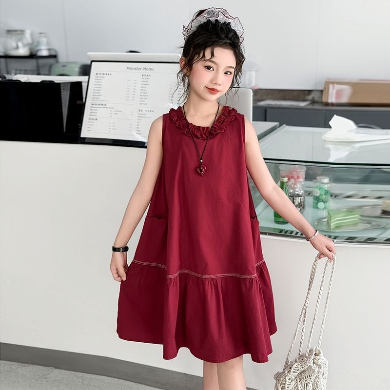 D64 Girls summer dress 2025 new Korean style stitching solid color sleeveless medium-length Western-style princess dress-image-1067522811