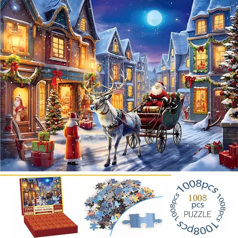 Peintures 1008 pièces Calendrier de l'Avent Puzzles pour adultes Enfants Décoration d'intérieur Jeu Amusant en famille Noël 24 jours Compte à reb
