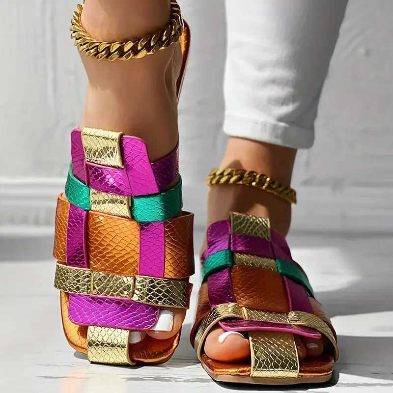 Summer Colorful Fashionable Sexy Casual Soft Luxurious Square Toe Hollow Roman Flat Shoes Model Vacation Comfortable Slippers Z250721