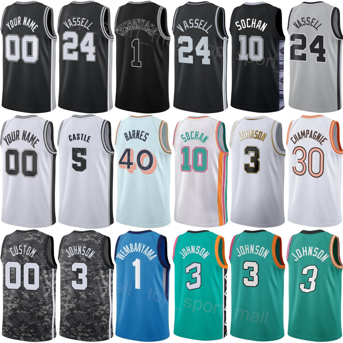 Print Basketball Stephon Castle Jerseys 5 Keldon Johnson 0 Harrison Barnes 40 Jeremy Sochan 10 Julian Champagnie 30 Chris Paul 3 Bismack Biyombo-image-772482050