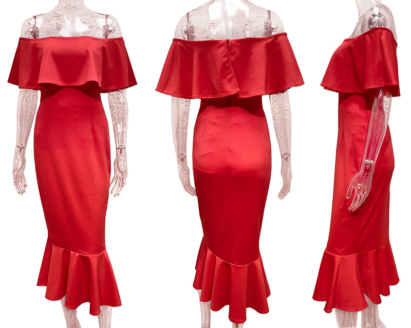 (329) Summer new fashion lotus leaf collar solid color dress fishtail dress female