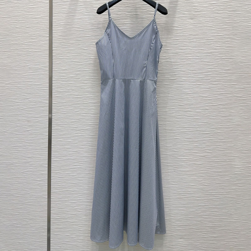 Designer Striped Camisole Dresses Womens Sexy Slim Halter Dress Stylish V Neck Party Long Dress