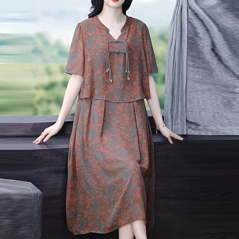 Robe de banquet imprimée à manches longues, grande taille, taille haute, jupe mi-longue pour femmes, nouvelle collection, D02403