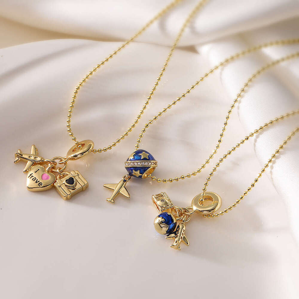 Luxury jewelry designer For women Australian antique copper plated 18K gold drip oil airplane travel pendant necklace niche versatile collarbone